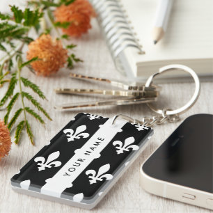 Porte-clés Fleur de Lis, Blanc sur Noir, Blanc, Votre Nom
