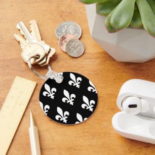 Porte-clés Fleur de Lis Motif, Royal French, Blanc sur Noir