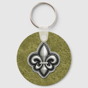 Porte-clés Fleur de Lis Silver on Green Leather Look