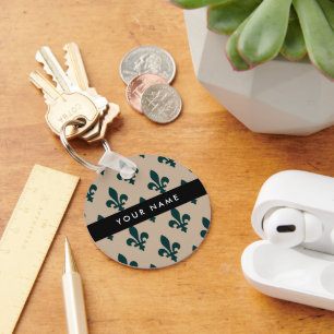 Porte-clés Fleur de Lis, Vert sur Beige, Royal, Votre Nom