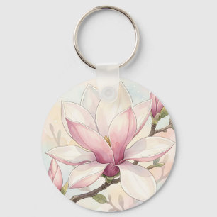 Porte-clés Fleur de magnolia rose délicate à l'aquarelle