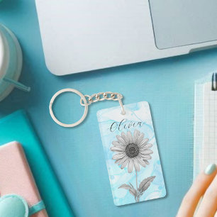 Porte-clés Fleur de marguerite Bleu Clair Personnalisé
