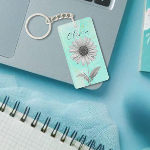 Porte-clés Fleur de marguerite bleue à la menthe personnalisé