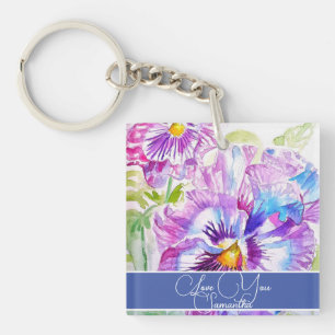 Porte-clés Fleur de Pansy Violet Fleur Floral Femme Nom Anniv