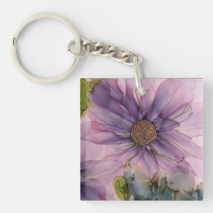 Porte-clés fleur d'encre d'alcool rose et violet