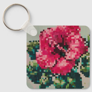 Porte-clés Fleur d'hibiscus rose en pixel art