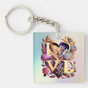 Porte-clés Fleur Élégante, Cœur et Amour Doré