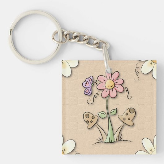 Porte-clés Fleur Et Champignons Roses (Devant)