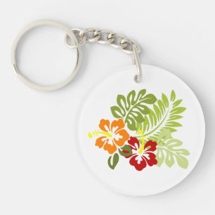 Porte-clés Fleur Feuilles tropicaux Hibiscus Hawaii Rouge Ora