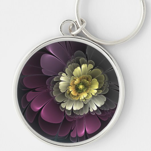 Porte-clés Fleur fractale abstraite moderne gris khaki pourpr (Devant)