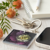 Porte-clés Fleur fractale grise et pourpre moderne abstraite (Devant Droit)