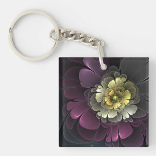 Porte-clés Fleur fractale grise et pourpre moderne abstraite