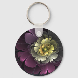 Porte-clés Fleur fractale grise et pourpre moderne abstraite
