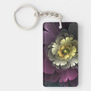 Porte-clés Fleur fractale grise khaki pourpre moderne abstrai