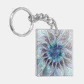Porte-clés Fleur fractale moderne abstraite avec du bleu (Devant gauche)