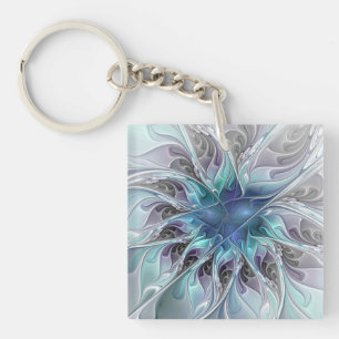 Porte-clés Fleur fractale moderne abstraite avec du bleu