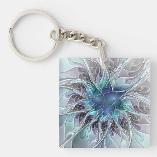 Porte-clés Fleur fractale moderne abstraite avec du bleu (Devant)