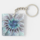 Porte-clés Fleur fractale moderne abstraite avec du bleu (Dos)