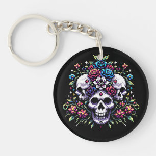 Porte-clés Fleur gothique - Mystique floral crâne Pixel Art