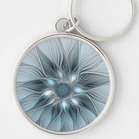 Porte-clés Fleur joyeuse abstraite fleur bleue grise fractale (Devant)