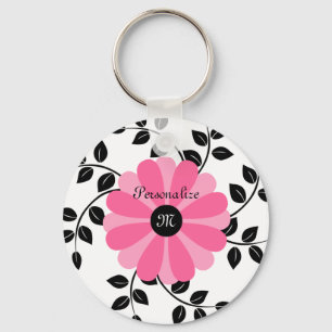 Porte-clés Fleur Monogramme Rose Et Noir Avec Nom