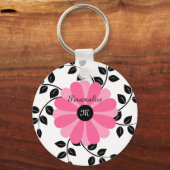 Porte-clés Fleur Monogramme Rose Et Noir Avec Nom (Recto)