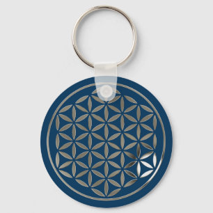 Porte-clés Fleur Of Life 1 - Timbre en argent   bleu foncé