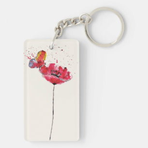Porte-clés Fleur peinte stylisée de pavot d'aquarelle