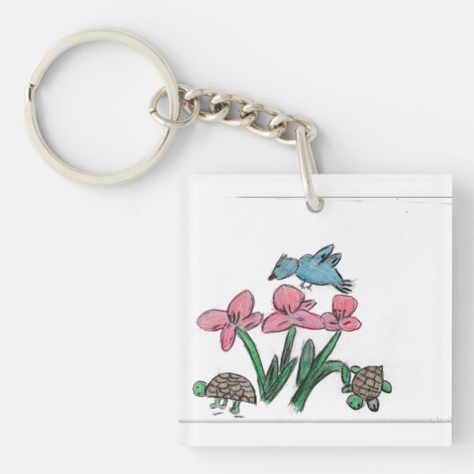 Porte-clés Fleur rose avec oiseau (Devant)