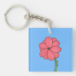 Porte-clés Fleur rose pleine avec fond bleu