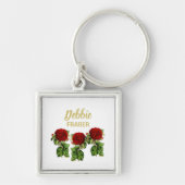 Porte-clés Fleur rouge et feuilles verts nom personnalisé (Devant)