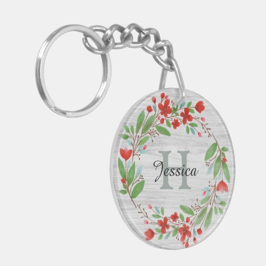 Porte-clés Fleur rouge Wreath Rustique Personnalisé (Devant gauche)