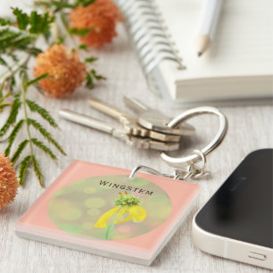 Porte-clés Fleur sauvage à tige jaune personnalisé Rose rose