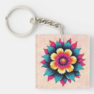 Porte-clés Fleur stylisée audacieuse et vibrante en jaune, ro