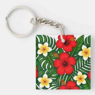 Porte-clés Fleur tropicale avec hibiscus et plumeria