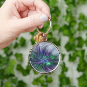Porte-clés Fleur verte abstraite moderne fractale pourpre (Main)