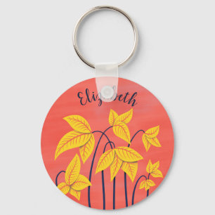 Porte-clés Fleurs Abstraites Coral Jaune Floral Nom
