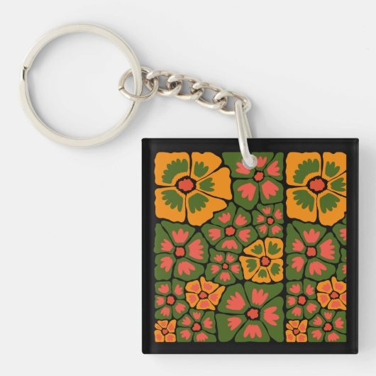 Porte-clés Fleurs Abstraites Modernes Vert & Orange (Devant)