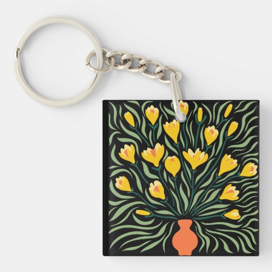 Porte-clés Fleurs Abstraites Modernes Vertes et Orange (Devant)