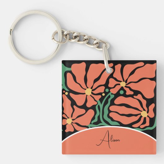 Porte-clés Fleurs Abstraites Modernes Vertes et Orange (Devant)