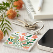 Porte-clés Fleurs Abstraites Modernes Vertes et Orange (Devant Droit)