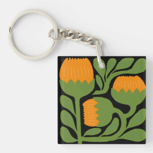 Porte-clés Fleurs Abstraites Modernes Vertes et Orange