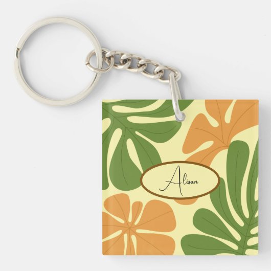 Porte-clés Fleurs Abstraites Modernes Vertes et Orange (Devant)