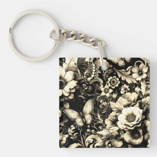 Porte-clés Fleurs Antiques Dorées avec Papillons (Devant)