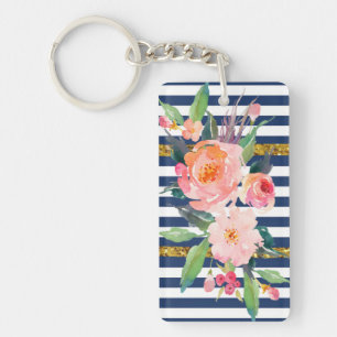 Porte-clés Fleurs aquarelles girly modernes chic -Rayures