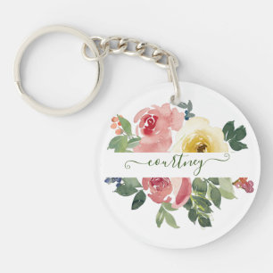 Porte-clés Fleurs aquarelles rose et jaune personnalisées    