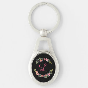 Porte-clés Fleurs aquarelles rose, jaune et vert Monogramme