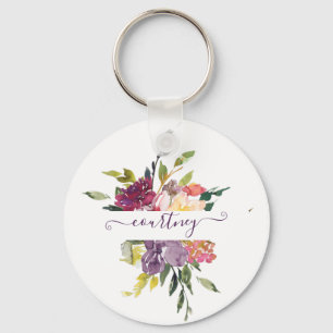 Porte-clés Fleurs aquarelles violettes et rouges personnalisé