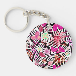 Porte-clés Fleurs blanches noires et colorées chic motif