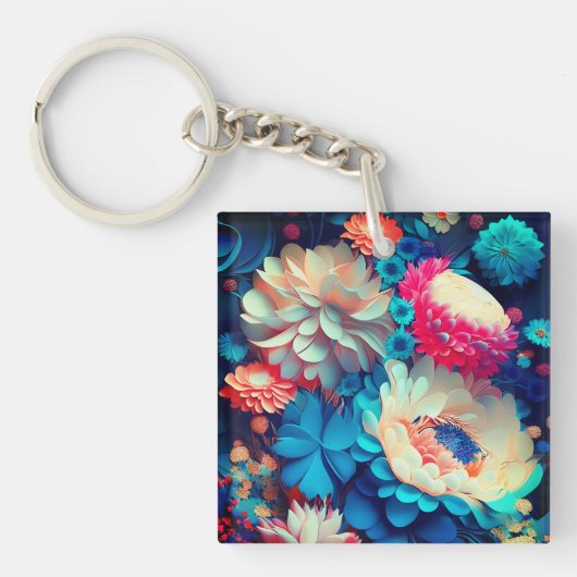 Porte-clés Fleurs bleues Arrière - plan-1 (Devant)